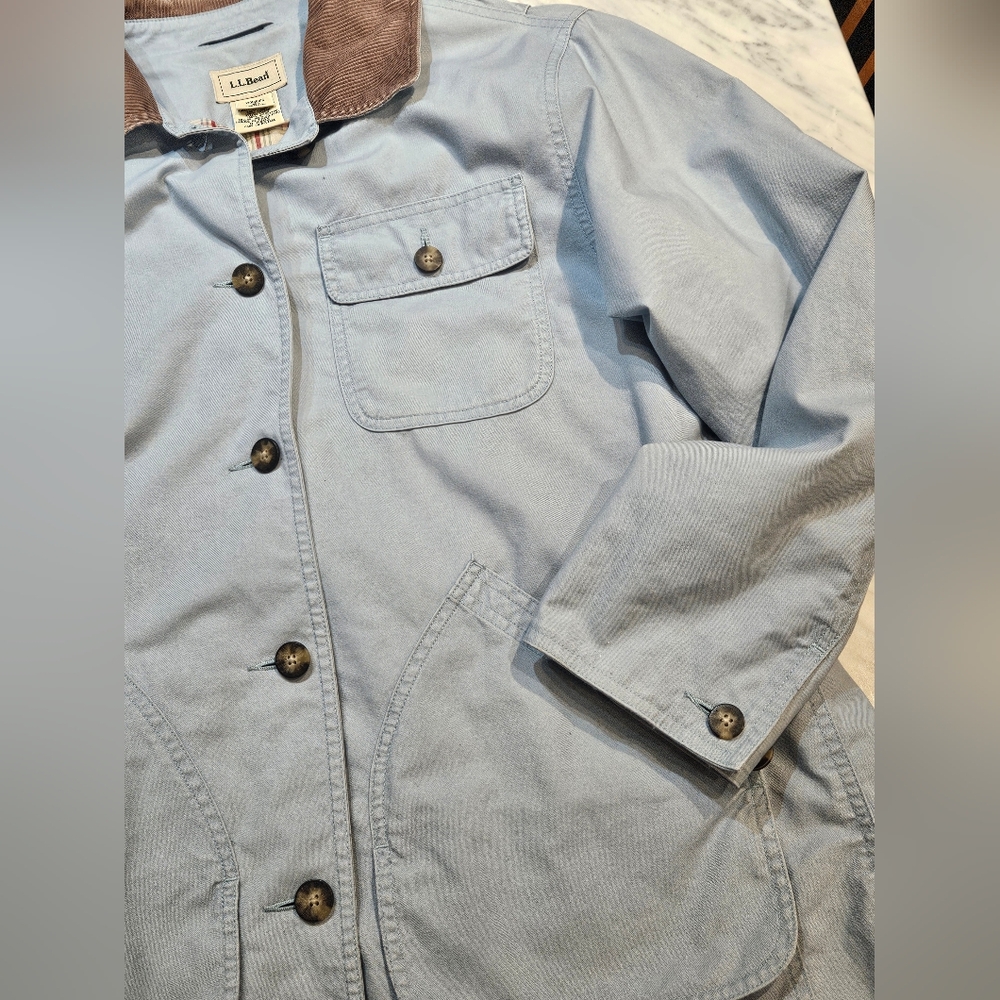 LL Bean Barn Canvas Chore Coat Light Blue Sz Medium Plaid Lined